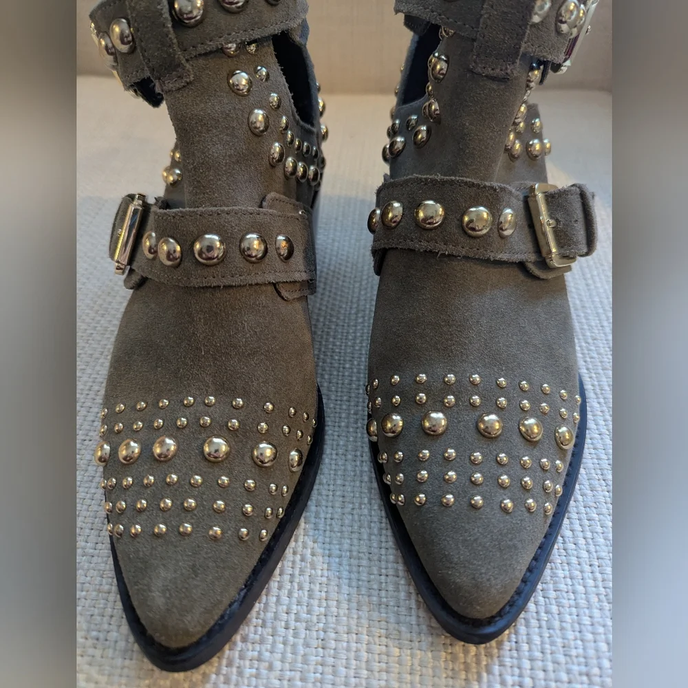 KURT GEIGER London Sybil Studded Ankle Boots Olive Suede Size 37 (6.5-7)